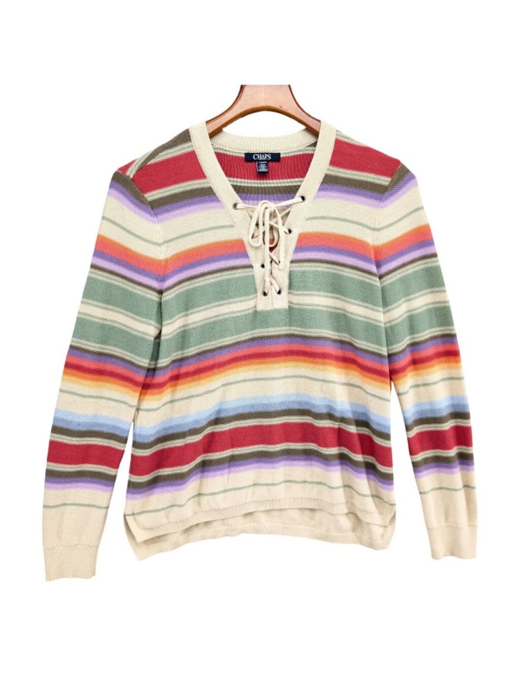 Chaps Southwestern Striped Sweater Womens Multicolor Lace Up V Neck Size PM